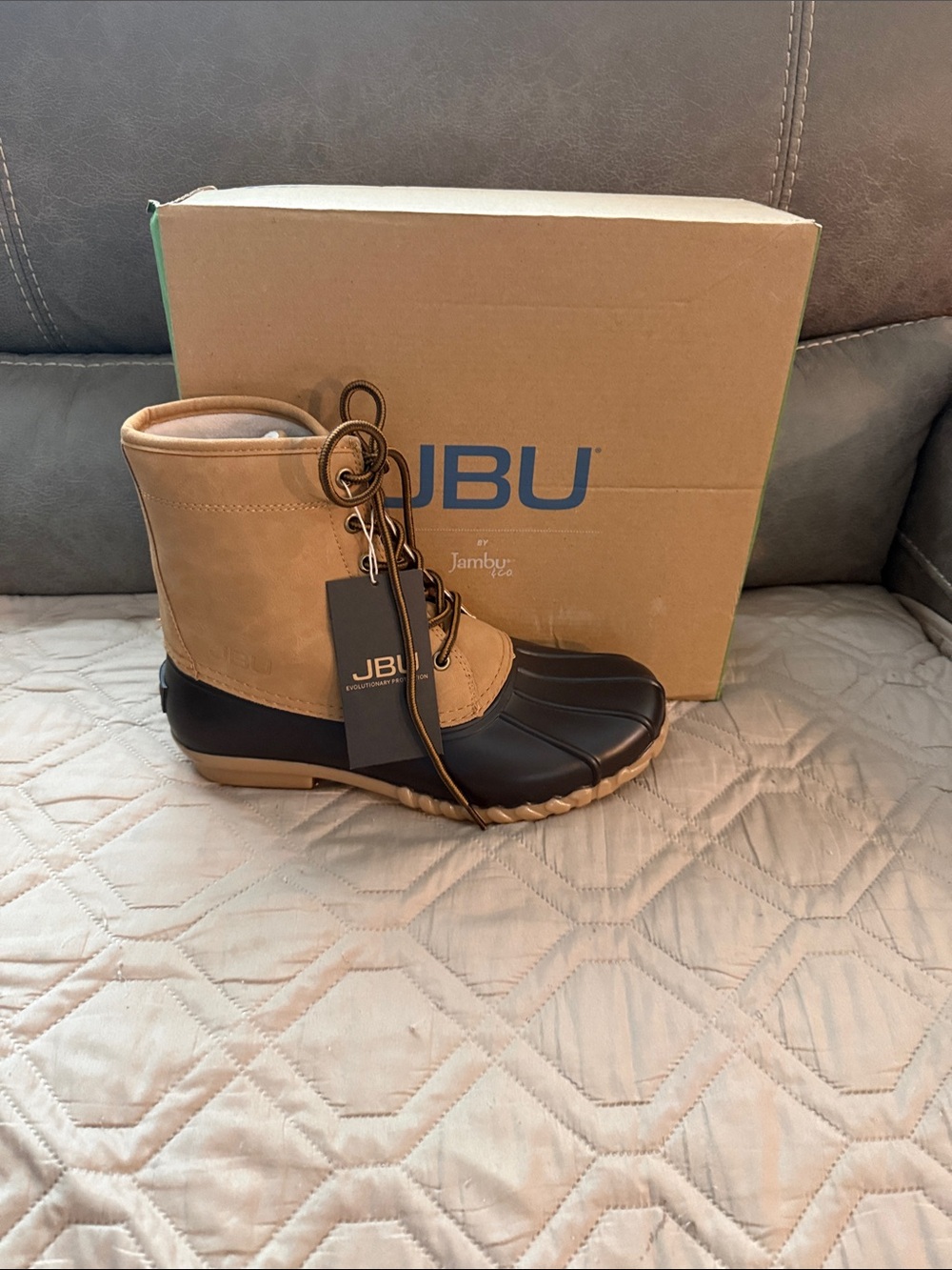 JBU Two-Tone Lace-Up Duck Boots in Tan and Black